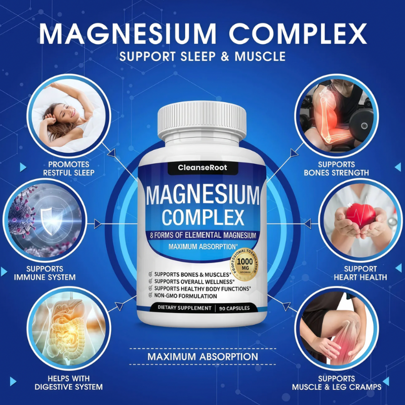 Magnesium Complex Supplement 8 Elemental 1000mg - Magnesium Glycinate, Citrate, Malate, Taurate, Chelated for Easy Absorption for Bones, Muscle, Recovery, Energy, Vegan Non-GMO 90 Capsules