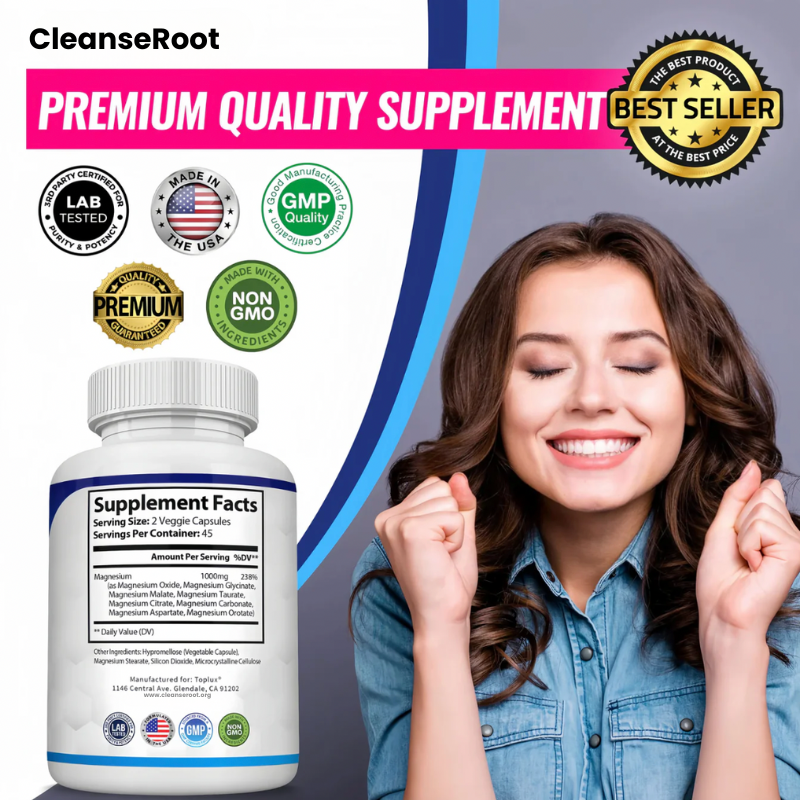 Magnesium Complex Supplement 8 Elemental 1000mg - Magnesium Glycinate, Citrate, Malate, Taurate, Chelated for Easy Absorption for Bones, Muscle, Recovery, Energy, Vegan Non-GMO 90 Capsules