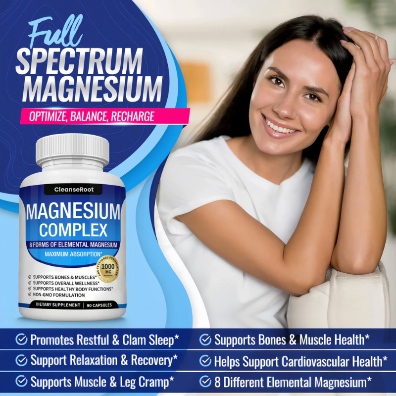Magnesium Complex Supplement 8 Elemental 1000mg - Magnesium Glycinate, Citrate, Malate, Taurate, Chelated for Easy Absorption for Bones, Muscle, Recovery, Energy, Vegan Non-GMO 90 Capsules
