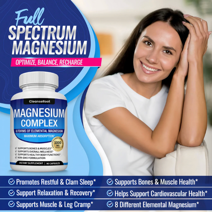 Magnesium Complex Supplement 8 Elemental 1000mg - Magnesium Glycinate, Citrate, Malate, Taurate, Chelated for Easy Absorption for Bones, Muscle, Recovery, Energy, Vegan Non-GMO 90 Capsules