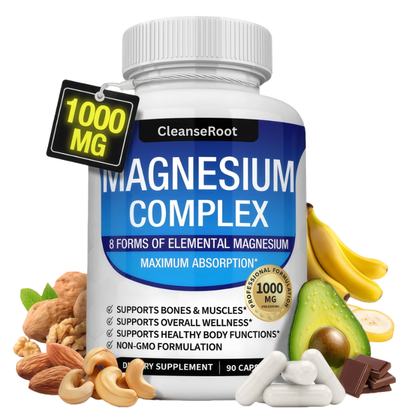 Magnesium Complex Supplement 8 Elemental 1000mg - Magnesium Glycinate, Citrate, Malate, Taurate, Chelated for Easy Absorption for Bones, Muscle, Recovery, Energy, Vegan Non-GMO 90 Capsules